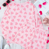 Heart Print Long Sleeve Top and Shorts Lounge Set