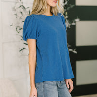 Grace & Virtue Balloon Sleeve Blouse in Ocean Blue