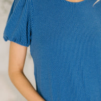 Grace & Virtue Balloon Sleeve Blouse in Ocean Blue