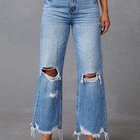 Distressed Raw Hem Jeans with Pockets