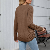 V-neck solid color loose long-sleeved T-shirt