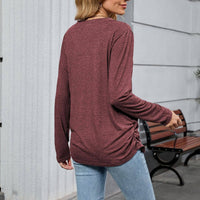 V-neck solid color loose long-sleeved T-shirt
