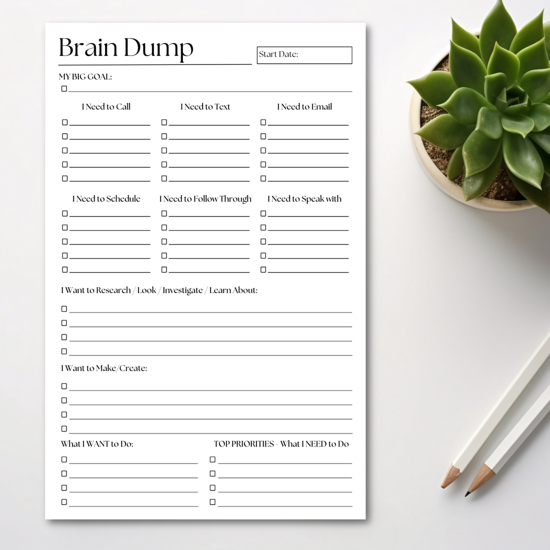 Brain Dump Notepad: 50-Page Daily ADHD Planner