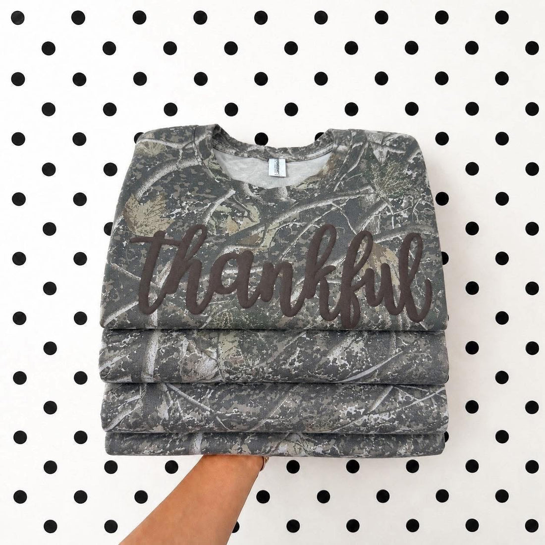 Puff Letter Thankful Camo Longsleeve