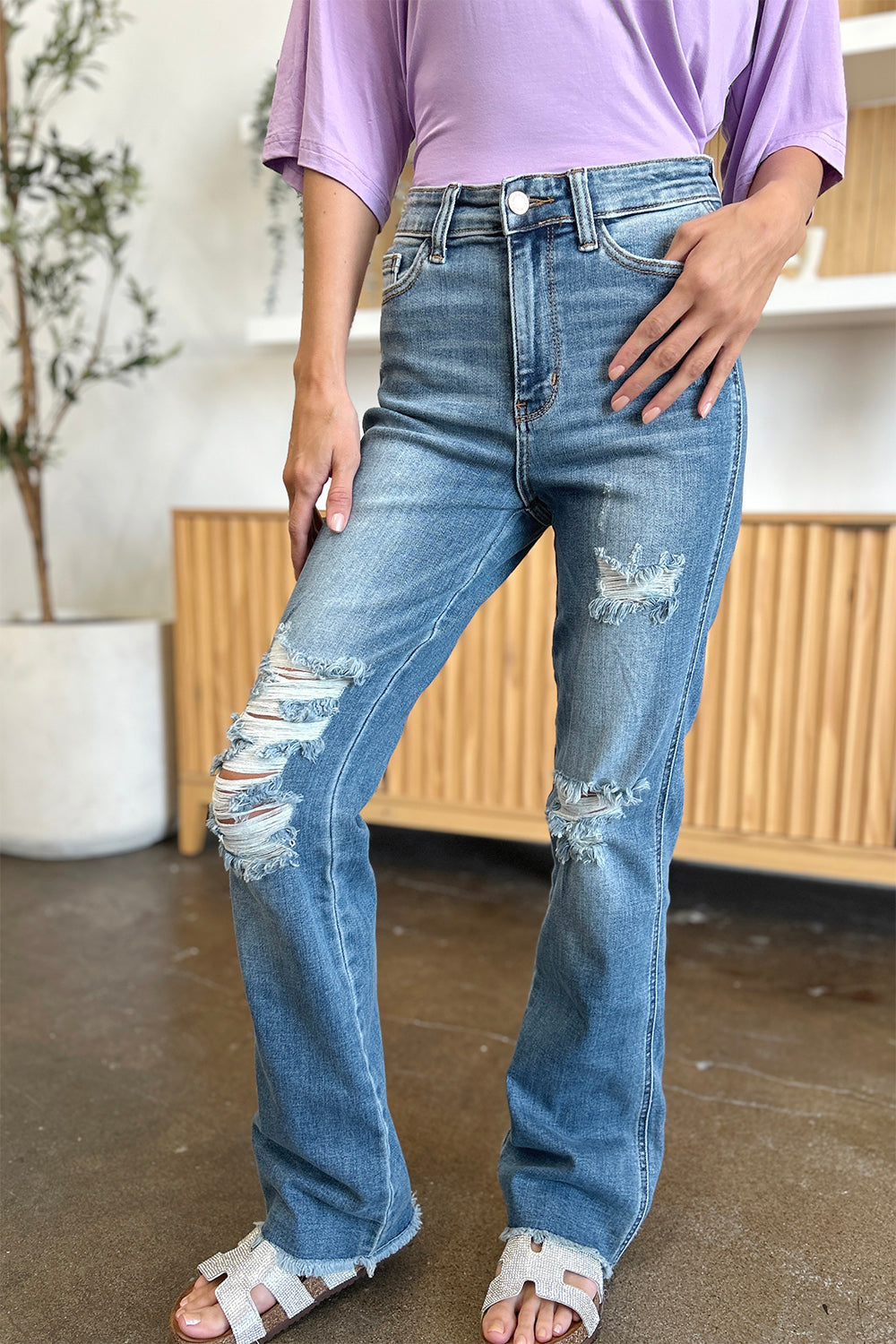 Judy Blue Distressed Raw Hem Bootcut Jeans