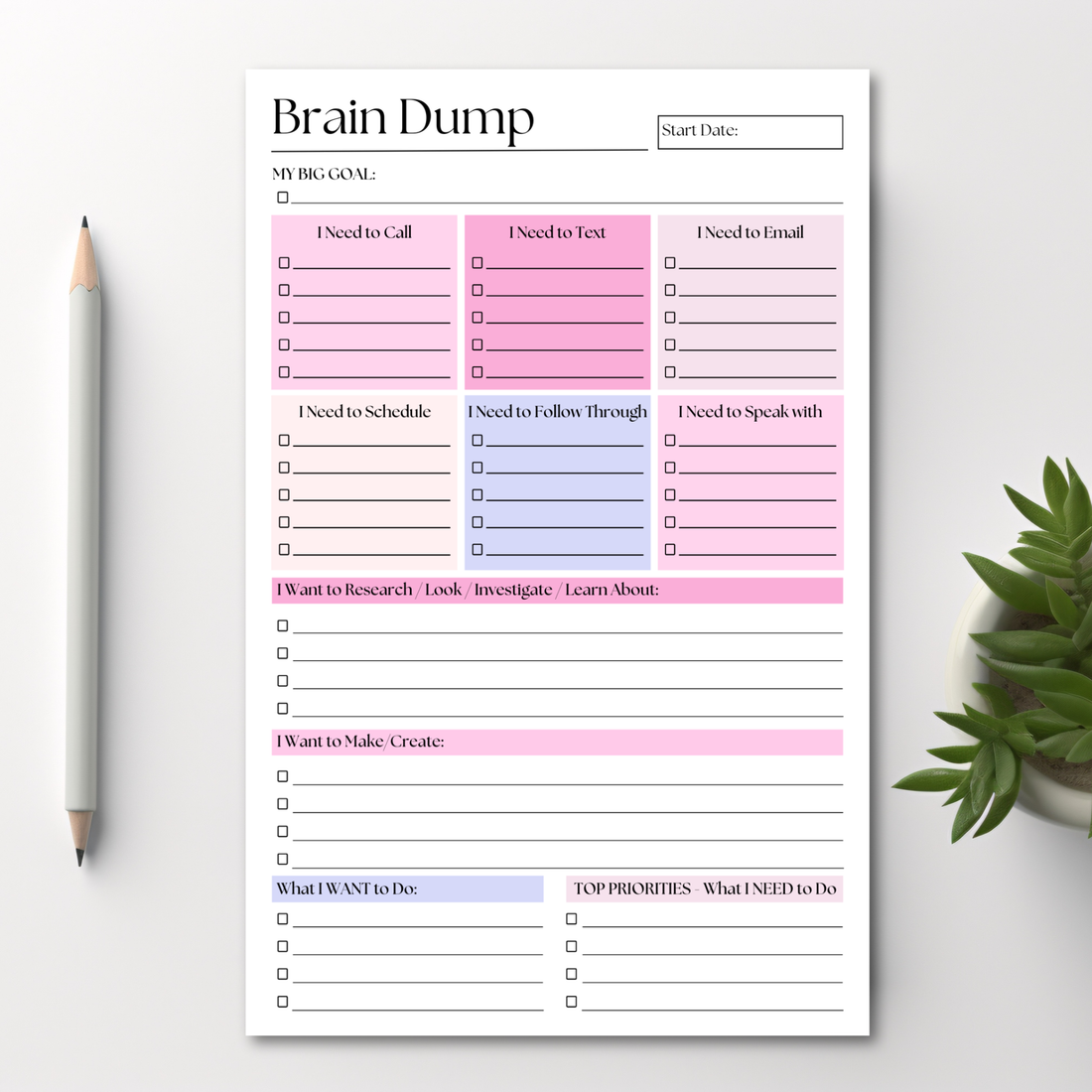 Brain Dump Notepad: Pink 50-Page Daily ADHD Planner