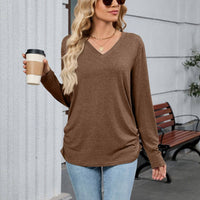 V-neck solid color loose long-sleeved T-shirt