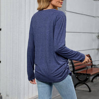 V-neck solid color loose long-sleeved T-shirt