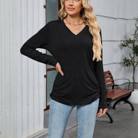 V-neck solid color loose long-sleeved T-shirt