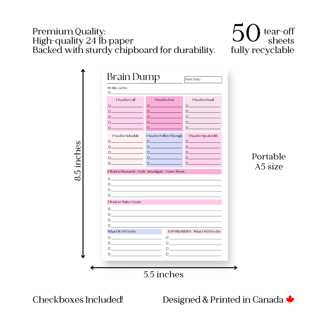 Brain Dump Notepad: Pink 50-Page Daily ADHD Planner