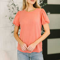 Grace & Virtue Balloon Sleeve Blouse in Coral