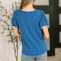Grace & Virtue Balloon Sleeve Blouse in Ocean Blue
