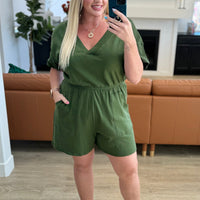 Short Sleeve V-Neck Romper in Army Green