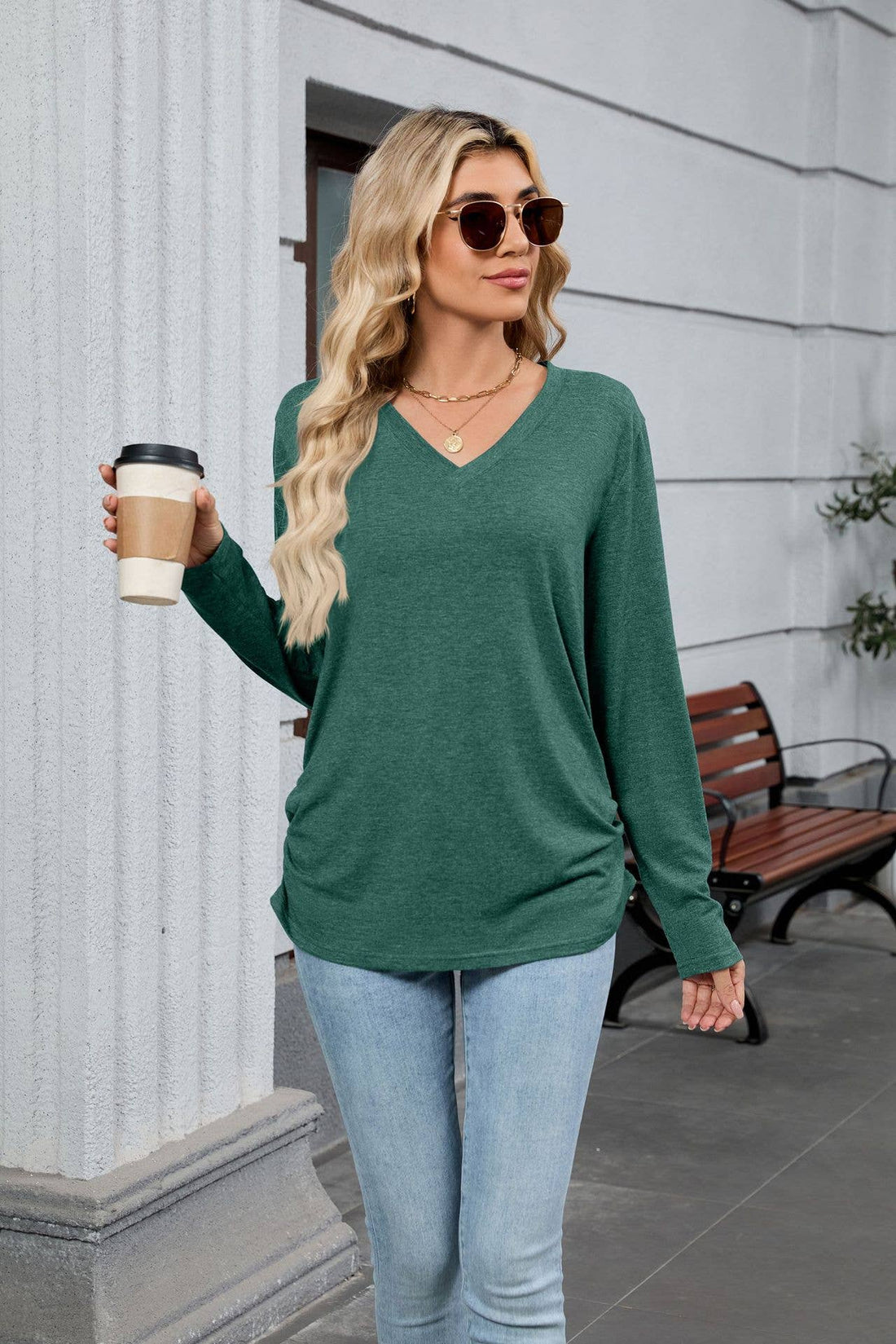 V-neck solid color loose long-sleeved T-shirt