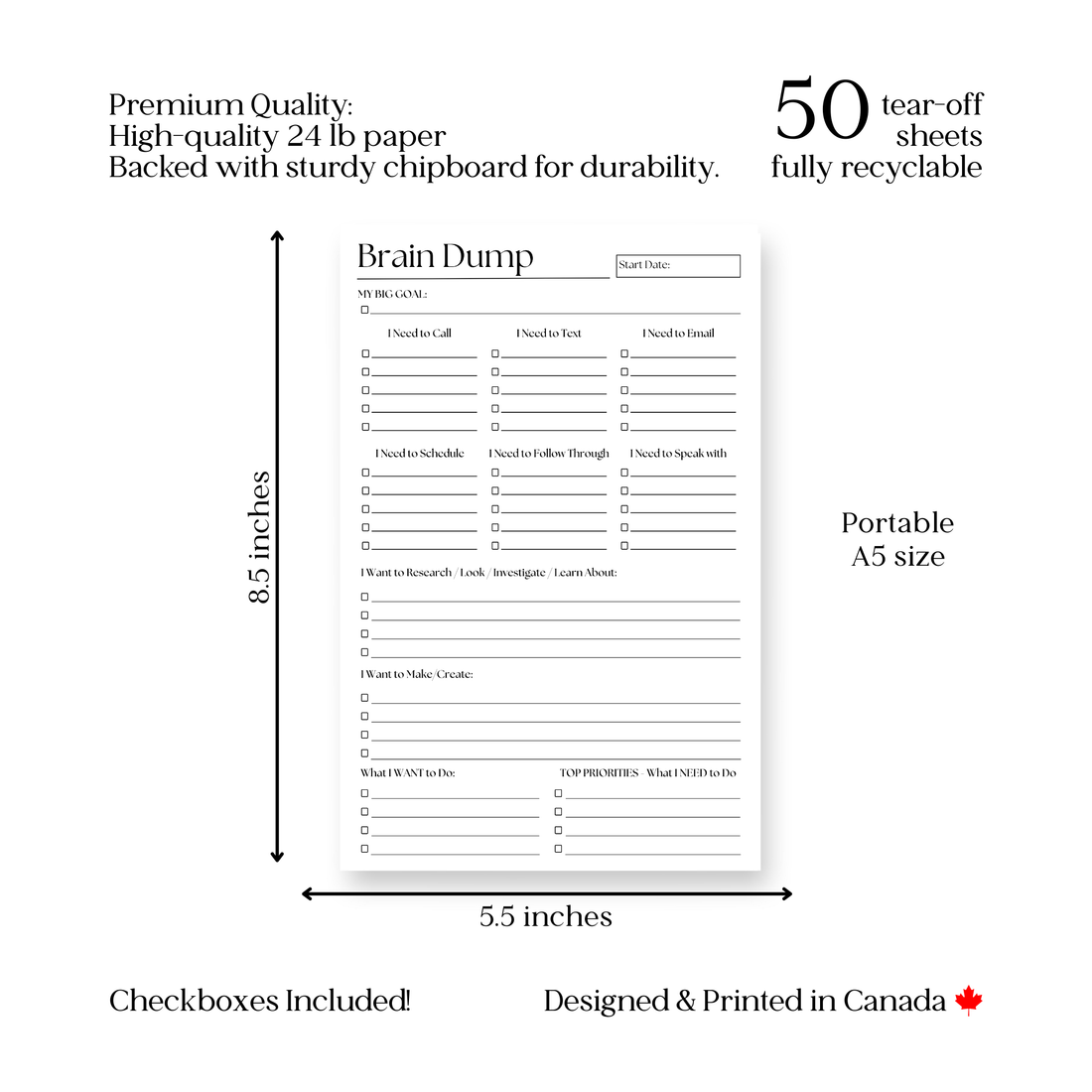Brain Dump Notepad: 50-Page Daily ADHD Planner