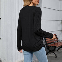 V-neck solid color loose long-sleeved T-shirt