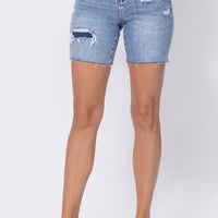 Judy Blue Mid Length Denim Patch Shorts