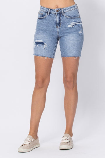 Judy Blue Mid Length Denim Patch Shorts