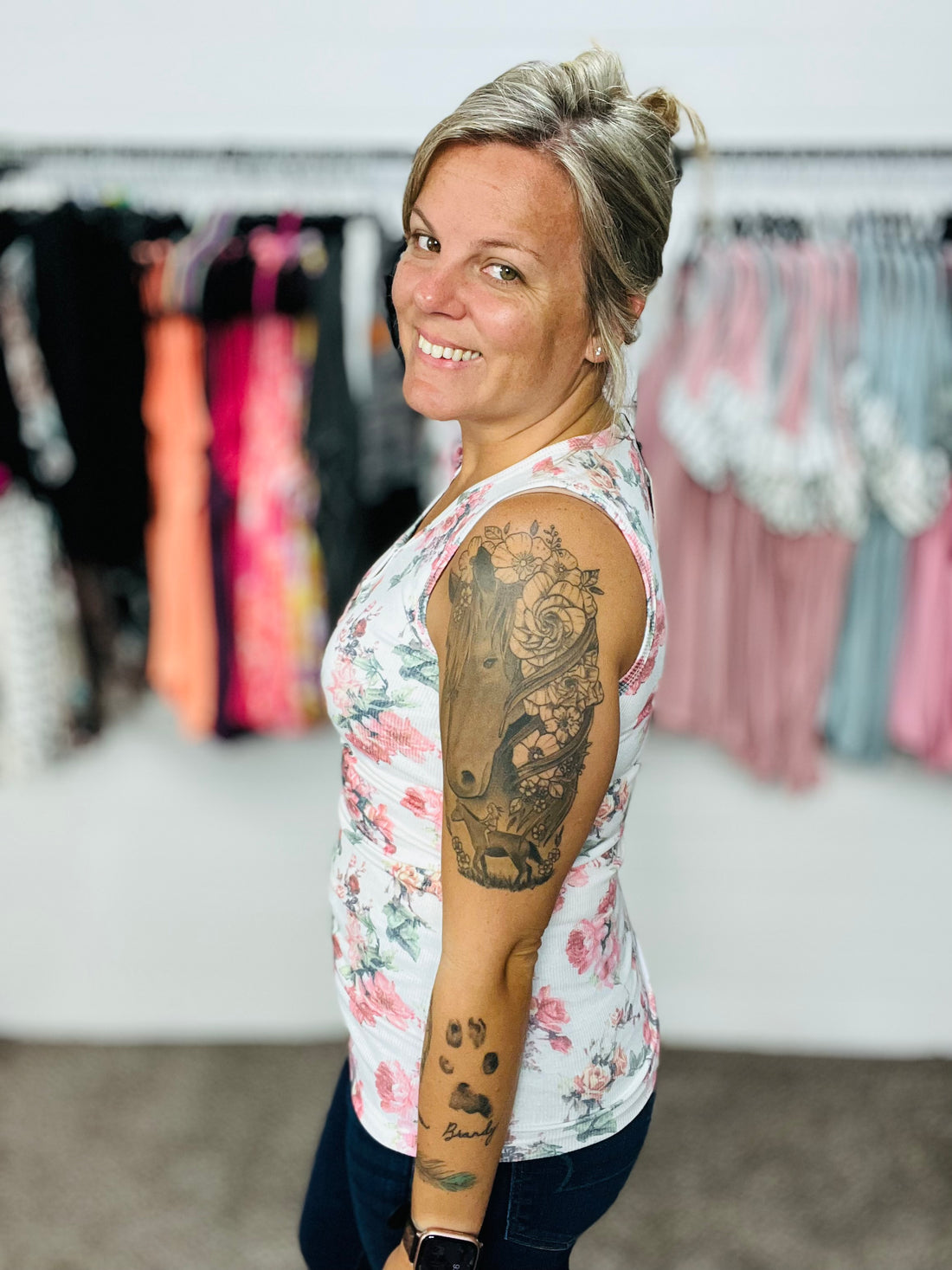 Henley Tank (White with Floral)