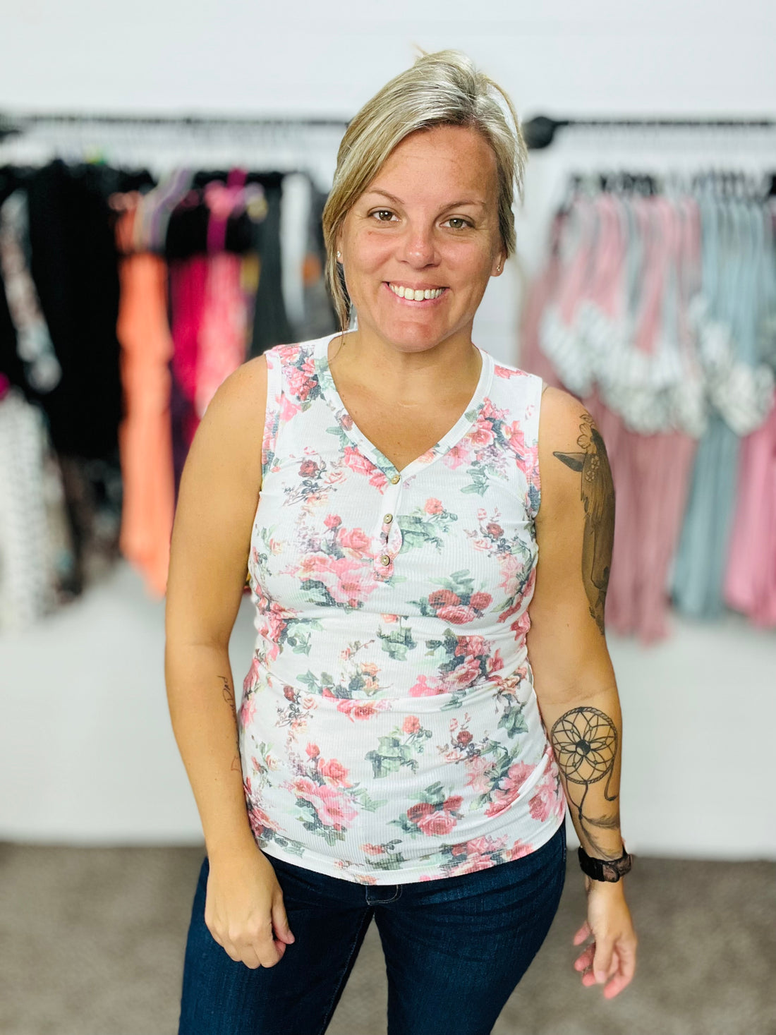 Henley Tank (White with Floral)